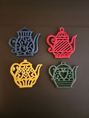 Used Decorative Teapot Trivets, Set of 4, Red, Yellow, Green, Blue Cutout Design